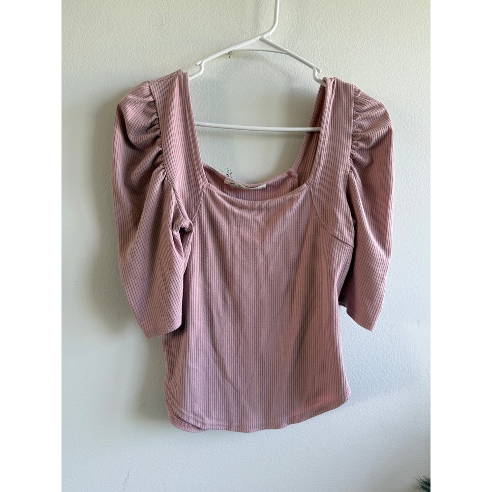 We The Free Free People Pink Ribbed Puff Sleeve Square Neck Top Medium 4133